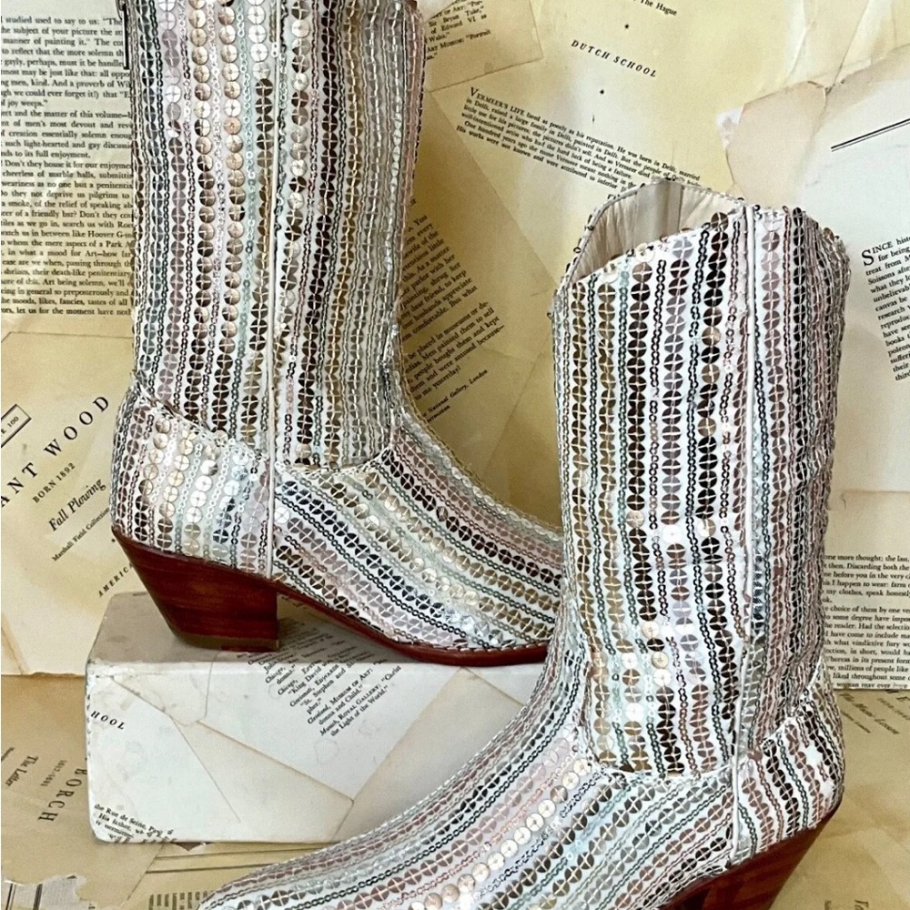 Free People MOMO Luna Sequin Boots Ivory Gold Silver Cowboy Back Zipper - Picture 10 of 12